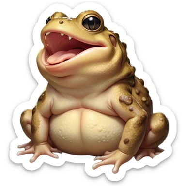Cinematic Cute Yawning Toad Portrait Emoji, Head tilted slightly with a dramatic, wide-open yawn, showcasing a stout, textured body with drooping, warty features and sleepy, half-closed eyes, Simplified yet irresistibly adorable features, highly detailed, glowing with a soft, cozy woodland glow, high shine, relaxed yet expressive, stylized with a dash of whimsical amphibian charm, soft glowing outline, capturing the essence of a drowsy yet affectionate toad that appears ready to stretch out for a nap! sticker