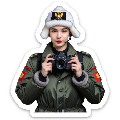 Russian army blogger in an ushanka and vatnik, with a camera or phone sticker