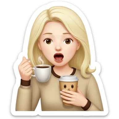 can you make her now look without laptop but having a coffee cup in her head with мешками под глазами и зевающую  sticker