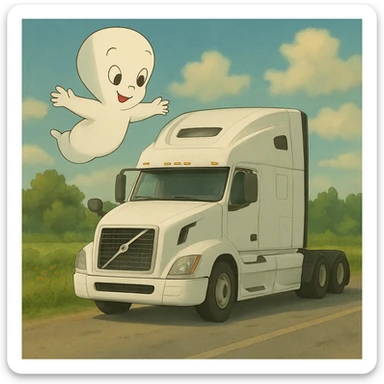 Change the semi truck to white, keep Casper the ghost floating above in ghibli style. sticker