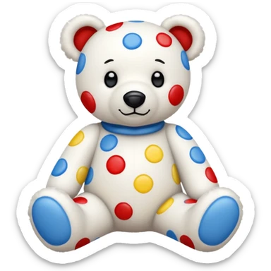 White teddy bear covered with blue, red and yellow spots and square dots on the feet sticker