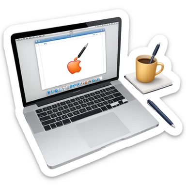 top view of a MacBook and a notebook with a pen nearby sticker