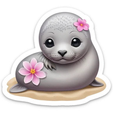 A small, slim baby seal resting gracefully on a sandy beach, with a delicate pink flower placed on its head.  Grey color sticker