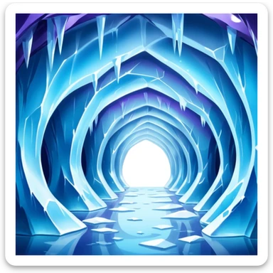 A breathtaking ice cave glowing with blue light, featuring smooth, curved walls made entirely of translucent ice. The interior reflects shimmering shades of blue and purple, with natural light filtering through the frozen surface. Realistic detail, cinematic lighting. sticker