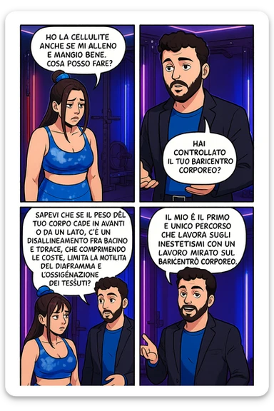 TRASFORMA QUESTO CAROSELLO IN UN FUMETTO STILE MANGA A COLORI CON QUESTE DUE PERSONE IDENTICHE CHE INTERLOQUISCONO TRA LORO:

LEI: Ho la cellulite anche se mi alleno e mangio bene, cosa posso fare?

LUI: Hai controllato il tuo baricentro corporeo?
LUI: Sapevi che se il peso del tuo corpo cade in avanti o da un lato, c’è un disallineamento fra bacino e torace, che comprimendo le coste, limita la motilità del diaframma e l’ossigenazione dei tessuti?
LUI: Il mio è il primo e unico percorso che lavora sugli inestetismi con un lavoro mirato sul baricentro corporeo. sticker