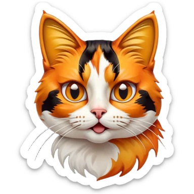 Cinematic Comical Calico Cat Portrait Emoji, Head tilted dramatically with an exaggeratedly surprised expression, showcasing a vibrant patchwork fur of orange, black, and white with wide, comically expressive eyes, simplified yet hilariously detailed, glowing with a sassy, golden radiance, high shine, exuding playful mischief and cheeky feline attitude, styled with a soft glowing outline, capturing the essence of a calico cat that looks ready to leap off the screen with mischievous flair! sticker