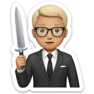 man with glasses wearing a suit and holding a knife sticker