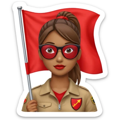 Una mujer morena con una coleta y gafas de sol y una bandera roja en la mano sticker