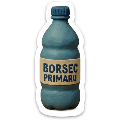 claymation style bottle of water with a label that says 'BorsecPrimaru' sticker