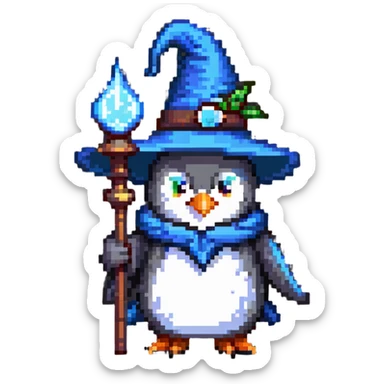 penguin wizard with a pointy hat and magic staff sticker