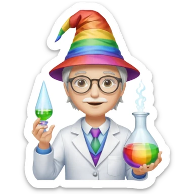 rainbow scientist with glasses, wearing wizard hat custome, with glass vase sticker
