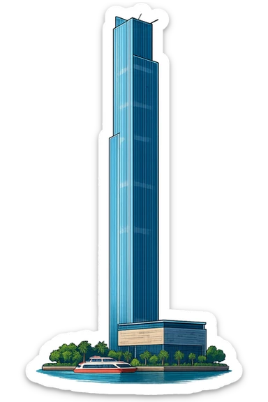 Изометричная, яркая, детализированная, объемная и фотореалистичная иллюстрация башни Guangzhou CTF Finance Centre. В стиле 3D-коллажей городов, насыщенные цвета, аккуратные и чёткие линии, мультяшно-реалистичная стилистика. Чёткие контуры, не размазанные линии, высокое качество, прозрачный фон, не обрезать края картинки sticker