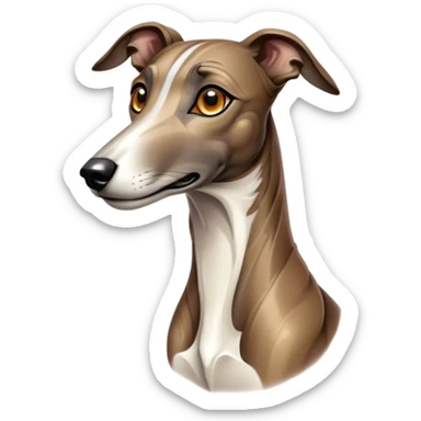 Cinematic Noble Brindle Greyhound Portrait Emoji, Poised and regal, with a slender, aerodynamic build and a refined brindle Fur, deep-set soulful eyes, Simplified yet sharp and sophisticated features, highly detailed, glowing with a soft, dignified glow, high shine, intelligent and agile, stylized with an air of elegance, focused and attentive, soft glowing outline, capturing the essence of a watchful and graceful racer, so majestic it feels as though it could dash out of the screen with effortless authority! sticker