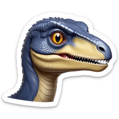 Cinematic Noble Velociraptor Portrait Emoji, Poised and agile, with a slender, streamlined build, sharp, cunning eyes, and a sleek snout hinting at predatory precision, Simplified yet sharply defined features, highly detailed, glowing with a cool, dynamic radiance, high shine, intelligent and swift, stylized with an air of agile prehistoric grace, focused and alert, soft glowing outline, capturing the essence of a watchful and confident Velociraptor that appears ready to dash out of the screen with effortless speed! sticker