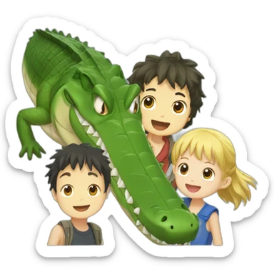 Anime crocodile and two children sticker