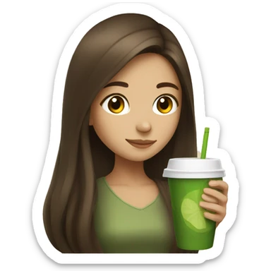 Girl with long brown hair drinking matcha sticker