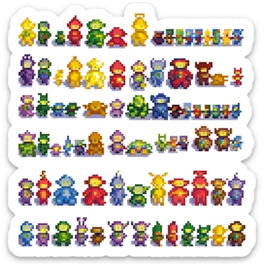 Teletubbies in pixel art style, simplified and colorful, each character easily recognizable by their shape and color sticker