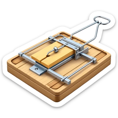 A 3D emoji in iOS emoji aesthetic style of a classic mousetrap without cheese, showing a wooden base and metal spring mechanism, clean minimal design, bright lighting, glossy Apple-style look, white background. sticker