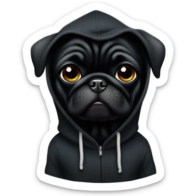 Black pug wearing a black hoodie sticker