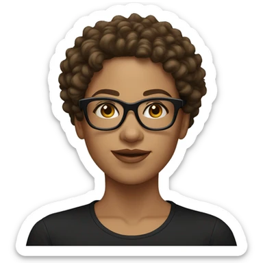 A women with brown medium curly hair, light skinned, full cheeks, black shirt and black glasses  sticker