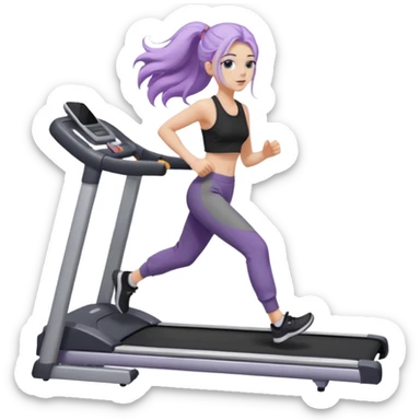 Девушка белокожая на беговой дорожке, с длинными светло-лиловыми волосами, в черном топе, в серых спортивных штанах, с черными ресницами sticker