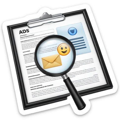 Ads policy document with a magnifying glass examining it sticker