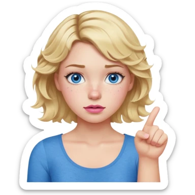 Girl Blonde short wavy hair,  blue eyes, cute blue top, long lashes, pink lips, thumbs down  sticker