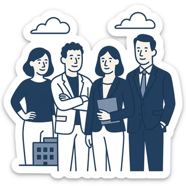 agency team, professional group, modern office, diverse people, clean background, flat blue illustration style sticker