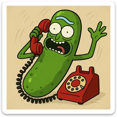 Pickle Rick from Rick and Morty, transformed into a pickle, answering a red phone and putting it to his ear, expressive and dynamic pose sticker