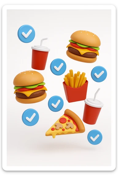 fast food fluttua in aria insieme a spunte di verificato in 3d, sfondo bianco sticker
