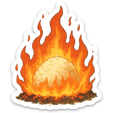 burning rice on fire, ghibli style sticker