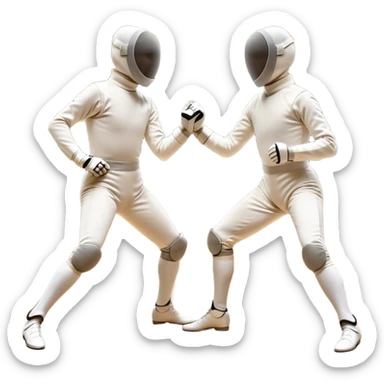 Two fencers in symmetrical stances, with crossed épées in front of them. Their forms are elegant and precise, showcasing the balance and strategy of fencing. The background features a blurred fencing piste, with subtle motion lines to emphasize the elegance and speed of the sport. sticker
