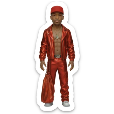 LL Cool J with red hat, red metallic jacket, red metallic baggy pants, shirtless with necklace sticker