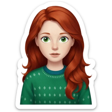 woman with long dark auburn red hair that is mostly straight but has slight waves to it. grey blue eyes. some freckles. wearing a Swedish style sweater that is green. blue grey eyes.  sticker