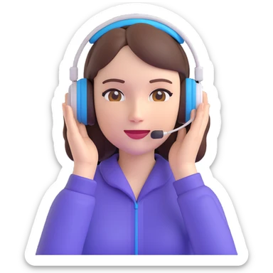 female junior sales professional, pale skin, brunette hair, nice clothing, wearing a headset, emoji style sticker