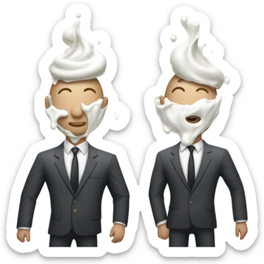 Two men covered in yogurt wearing suits with yogurt on their head sticker