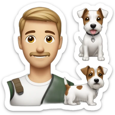 Man with modern hair cut with brown haor with green eyes hair with jack russell terrier dog sticker