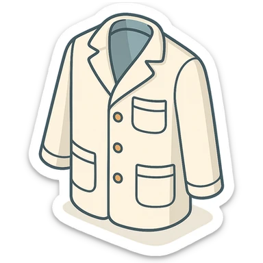 medical coat, front view, looking towards the viewer (not literally), 2D isometric style, soft rounded shapes, clean contours, pastel palette, detailed shadows and highlights, modern illustration, transparent background sticker
