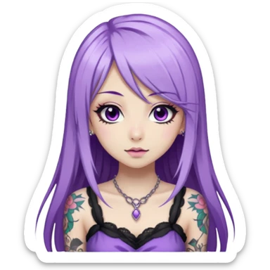 hime gyaru girl, long straight white and purple hair, tattoos, dark makeup,  sticker