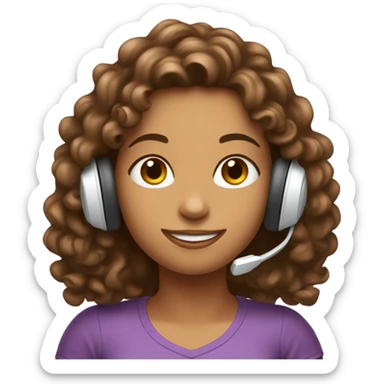 Tanned girl with long curly hair with gaming headset and coffee sticker
