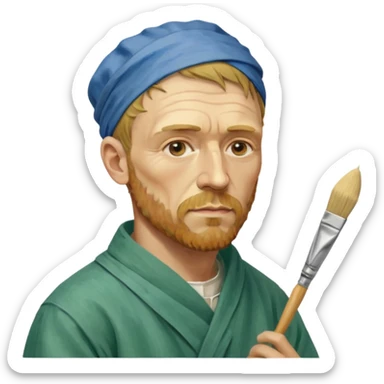an gogh paints on a canvas. On his right ear he has a bandage sticker