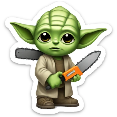 Yoda’s kid saws with a chainsaw. In a painted style sticker