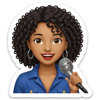 brown skin woman, curly black hair, singer, hold micro sticker