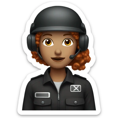 operator dressed in black with a milatary helmet, without glasses, wearing a headset, ready to respond to alerts, preferably curly redhead female  sticker