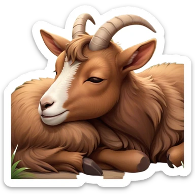 Meme-Worthy Cute Sleeping Brown Goat Portrait Emoji, Head resting peacefully with a contented smile, showcasing a robust build and a luxuriously soft brown fur, eyes shut in a serene, restful nap, Simplified yet hilariously adorable features, highly detailed, glowing with a soft, drowsy light, high shine, relaxed and utterly lovable, stylized with an air of playful laziness, bright and heartwarming, soft glowing outline, capturing the essence of a comically sleepy goat, so meme-worthy it feels like it could instantly become the next viral sensation of adorable slumber! sticker