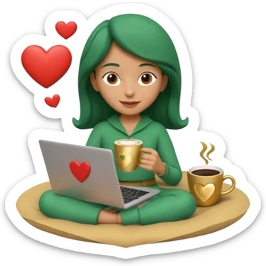 3D clay character relaxed with laptop and coffee, floating icons (envelope, heart, dollar), deep green (#0B3D2C) outfit, gold icons, cream laptop, Pixar style, transparent background sticker