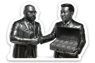 Remove the beanie from the man on the left. Change both men's outfits to shiny metallic chrome suits, keeping their natural skin tones. The man on the left is holding a stack of money, and the man on the right is holding an open briefcase full of money. Keep the handshake pose intact. Transparent background. sticker