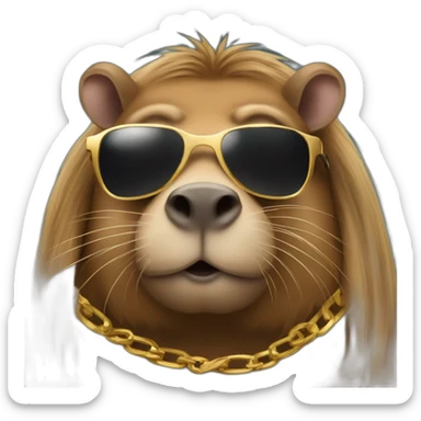 A capibara with sunglasses and a gold chain and long hair driving a car sticker