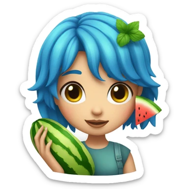 A girl with BLUE hair and a watermelon  sticker