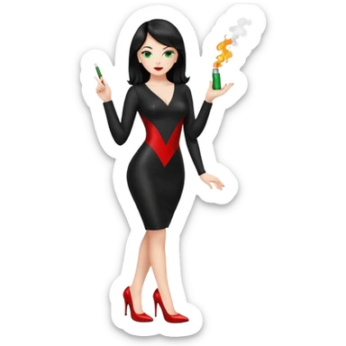 🕵🏻‍♀️💦🧥 black hair , green eyes , full body , red high heels , black latex dress , 🖕🏻🚬 sticker